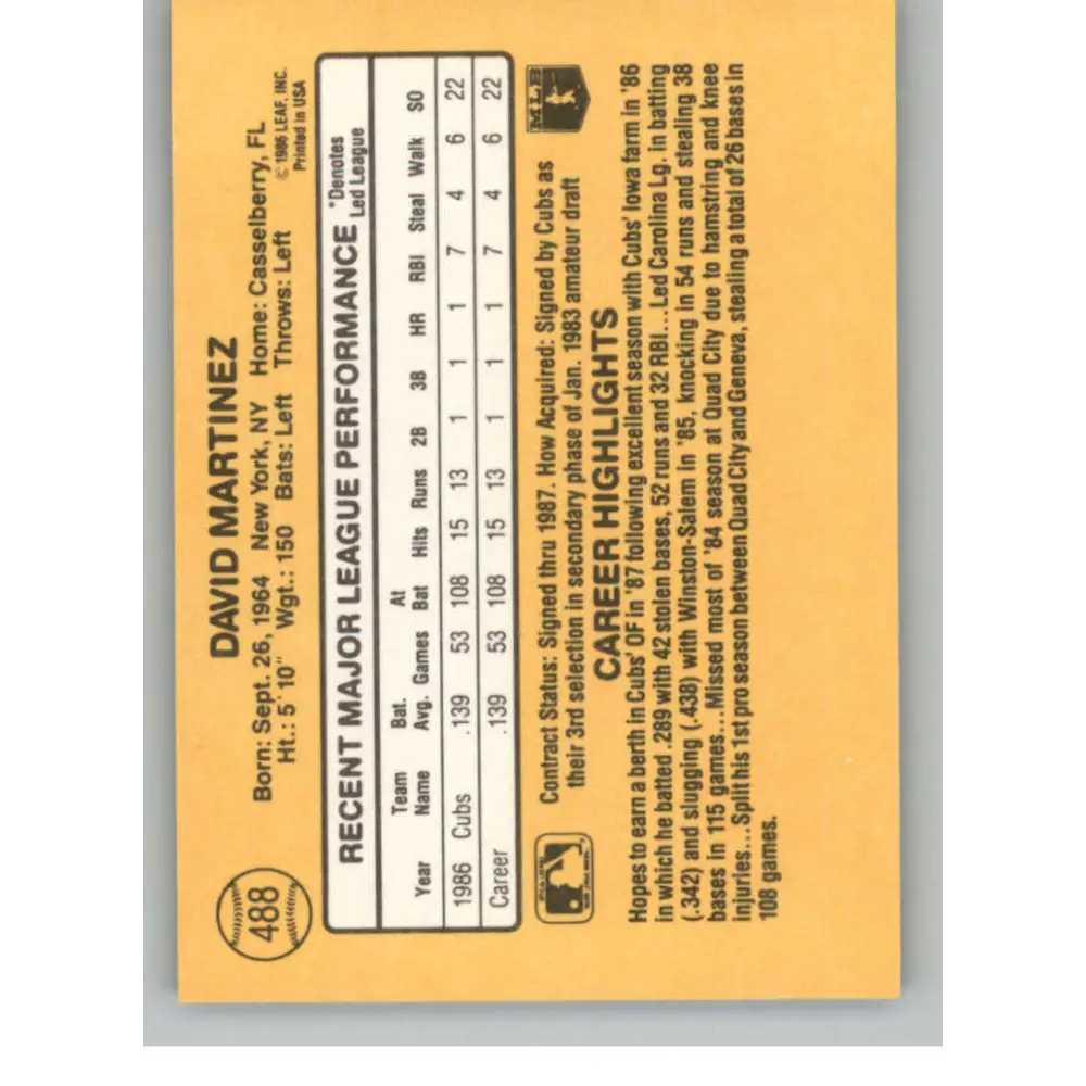 1987 Donruss #488 Dave Martinez EX Excellent RC Rookie Chicago Cubs Baseball Card  Image 2
