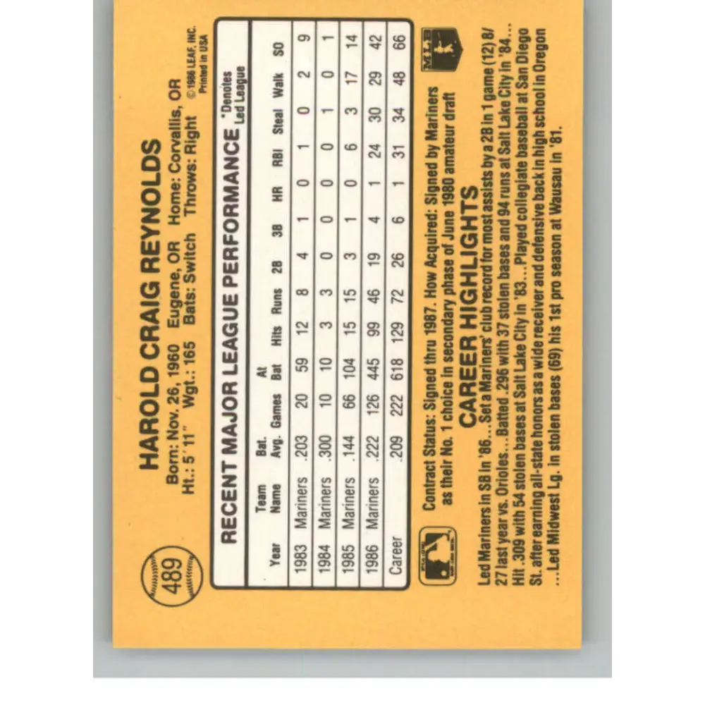 1987 Donruss #489 Harold Reynolds EX Excellent Seattle Mariners Baseball Card  Image 2