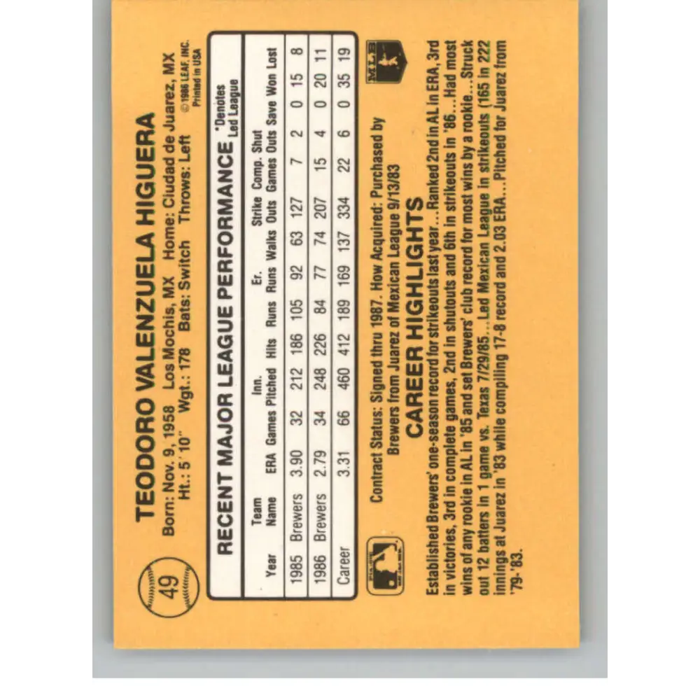 1987 Donruss #49 Teddy Higuera EX Excellent Milwaukee Brewers Baseball Card  Image 2