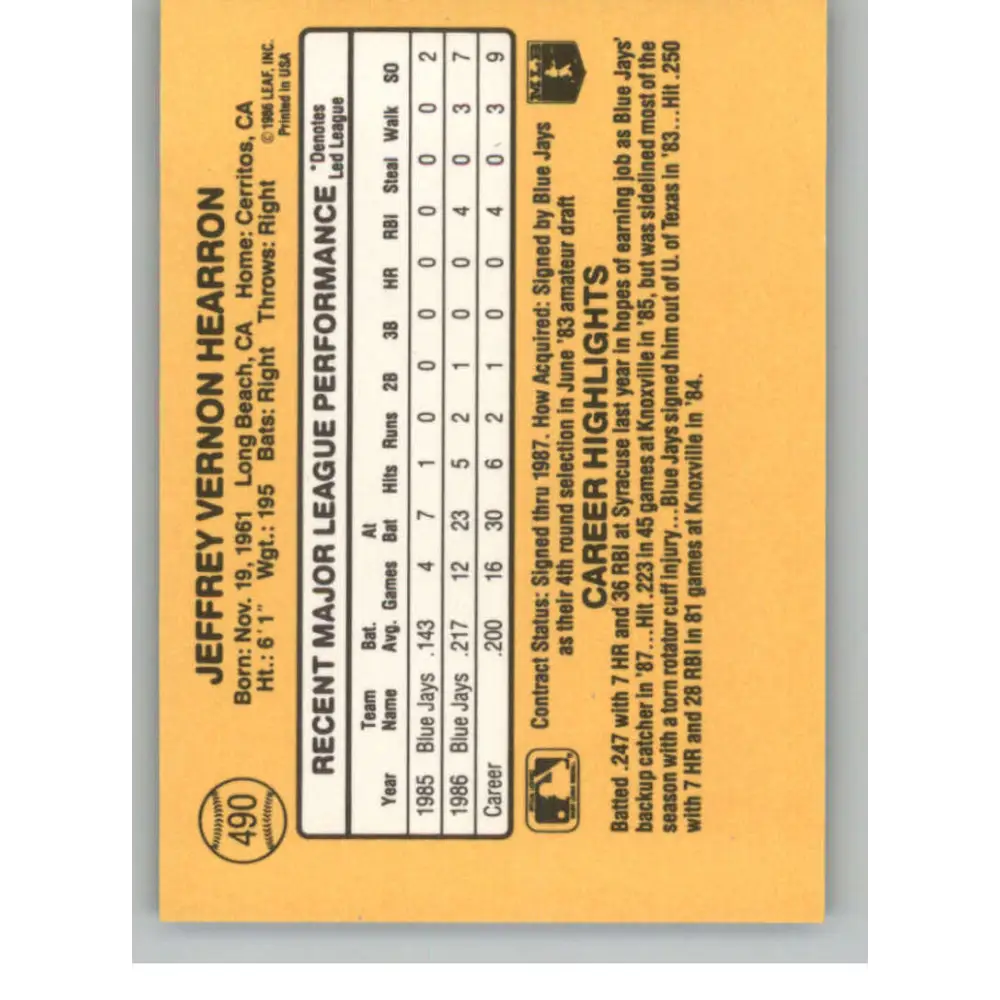 1987 Donruss #490 Jeff Hearron EX Excellent RC Rookie Toronto Blue Jays Baseball Card  Image 2