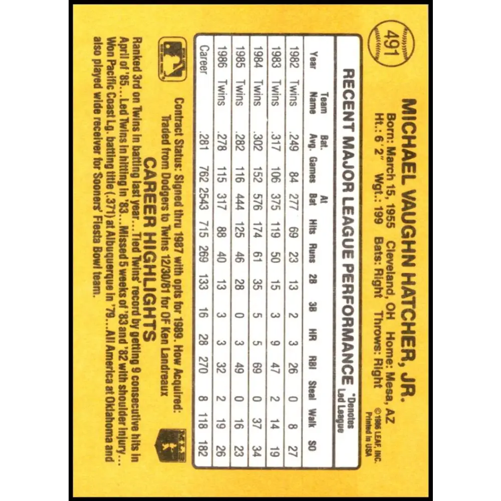 1987 Donruss #491 Mickey Hatcher EX Excellent Minnesota Twins Baseball Card  Image 2