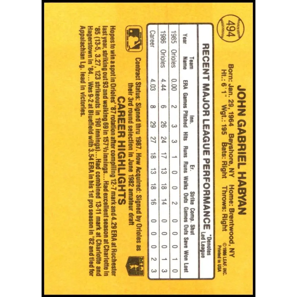 1987 Donruss #494 John Habyan EX Excellent Baltimore Orioles Baseball Card  Image 2