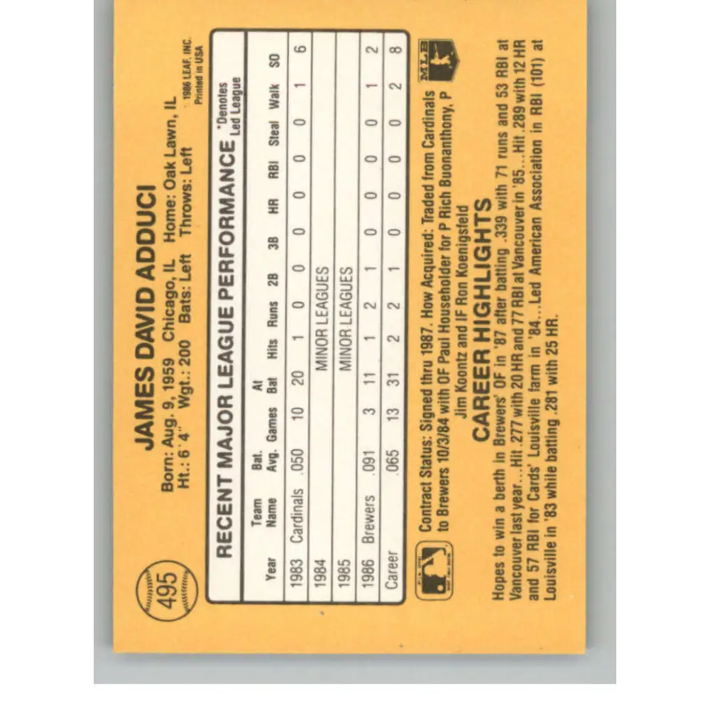 1987 Donruss #495 Jim Adduci EX Excellent RC Rookie Milwaukee Brewers Baseball Card  Image 2
