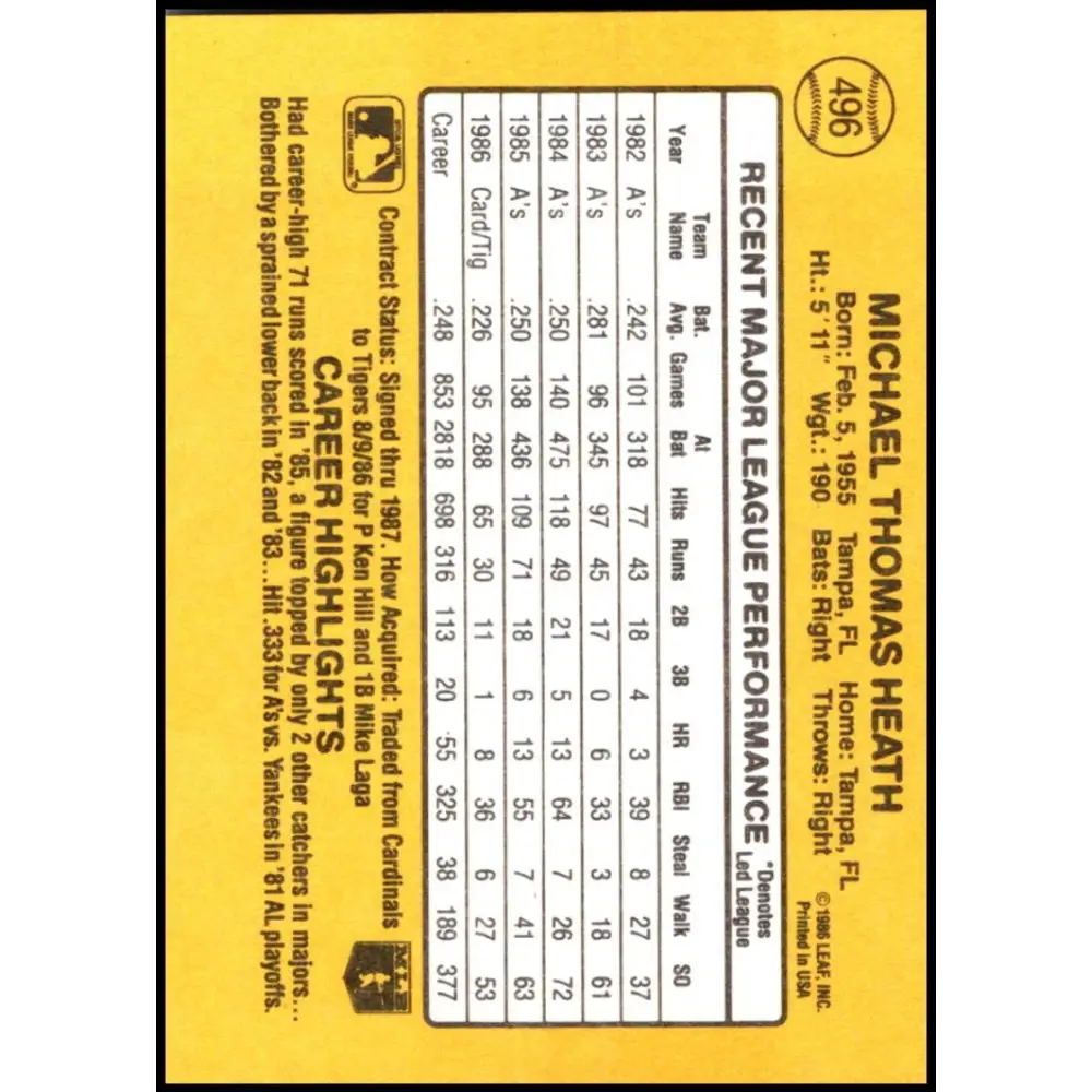 1987 Donruss #496 Mike Heath EX Excellent Detroit Tigers Baseball Card  Image 2