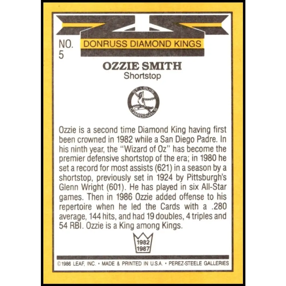 1987 Donruss #5 Ozzie Smith EX Excellent St. Louis Cardinals Baseball Card  Image 2