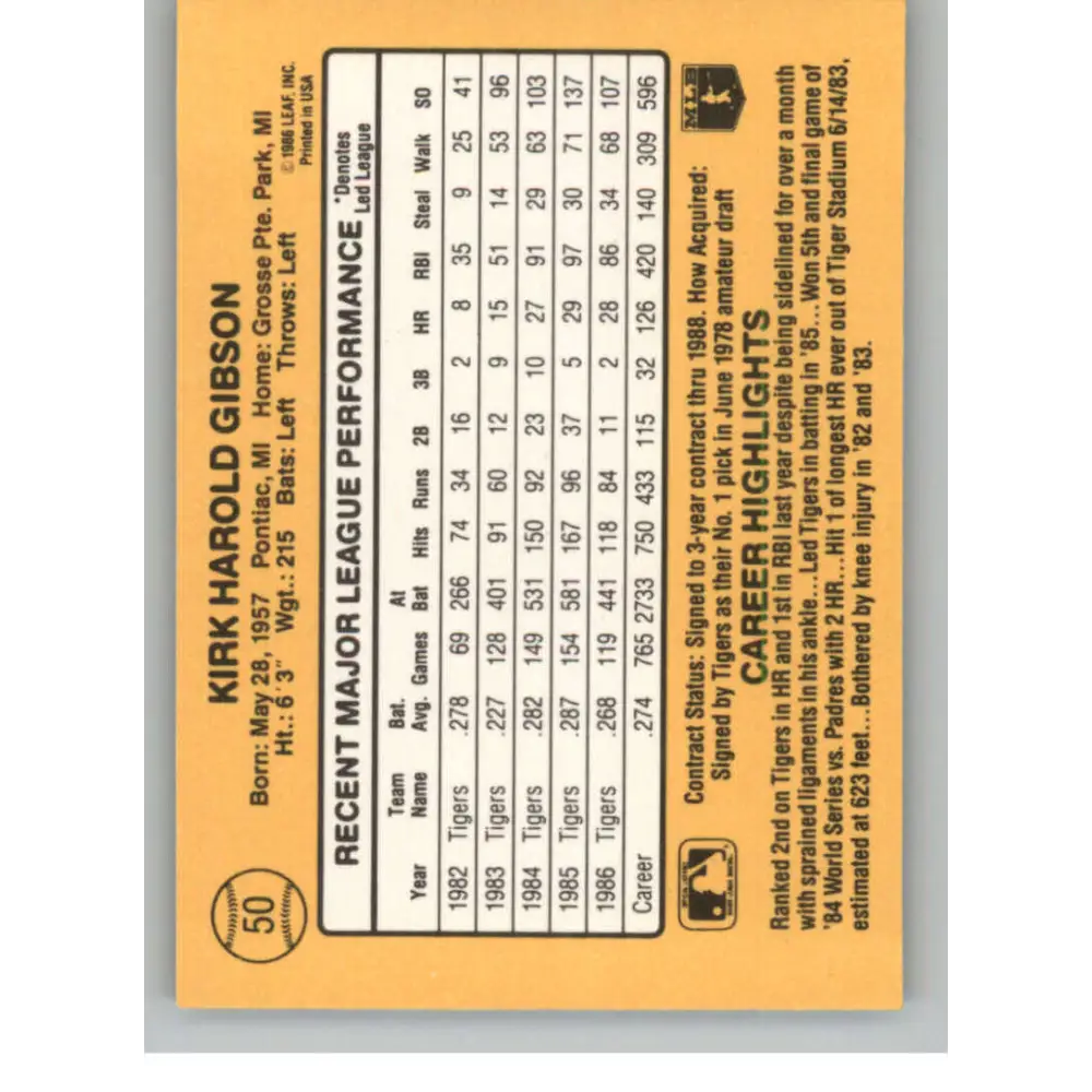 1987 Donruss #50 Kirk Gibson EX Excellent Detroit Tigers Baseball Card  Image 2