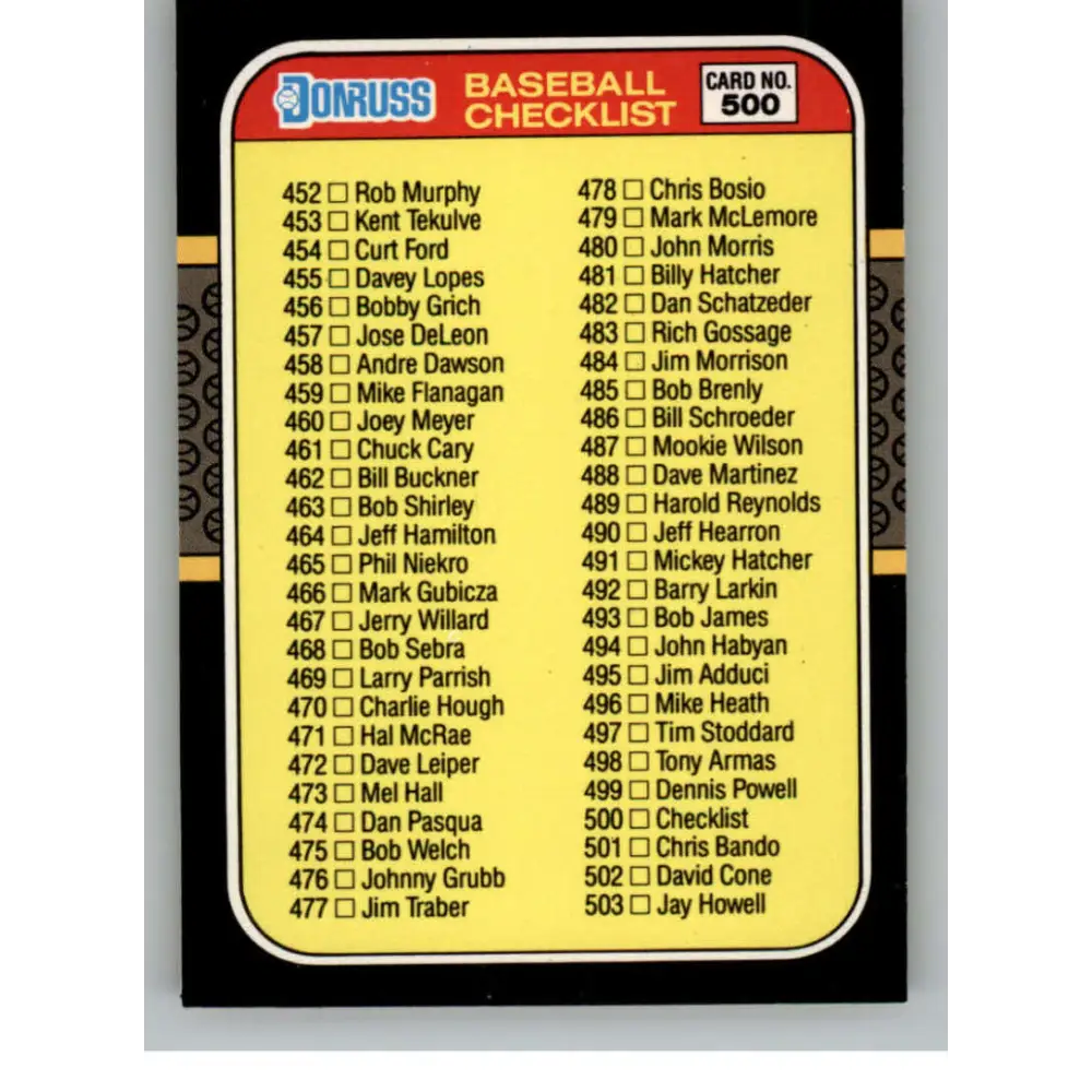 1987 Donruss #500 Checklist 452-557 EX Checklist Baseball Card Image 1