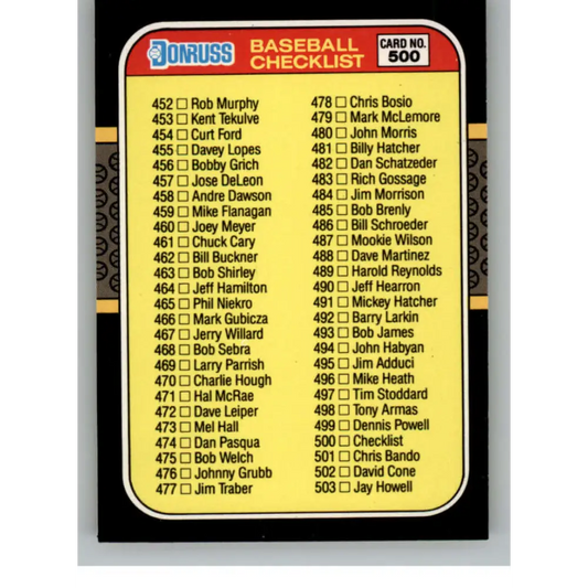 1987 Donruss #500 Checklist 452-557 EX Excellent Checklist Baseball Card  Image 1