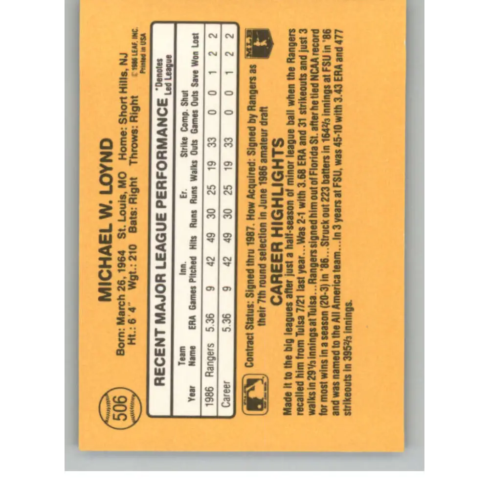 1987 Donruss #506 Mike Loynd EX Excellent RC Rookie Texas Rangers Baseball Card  Image 2