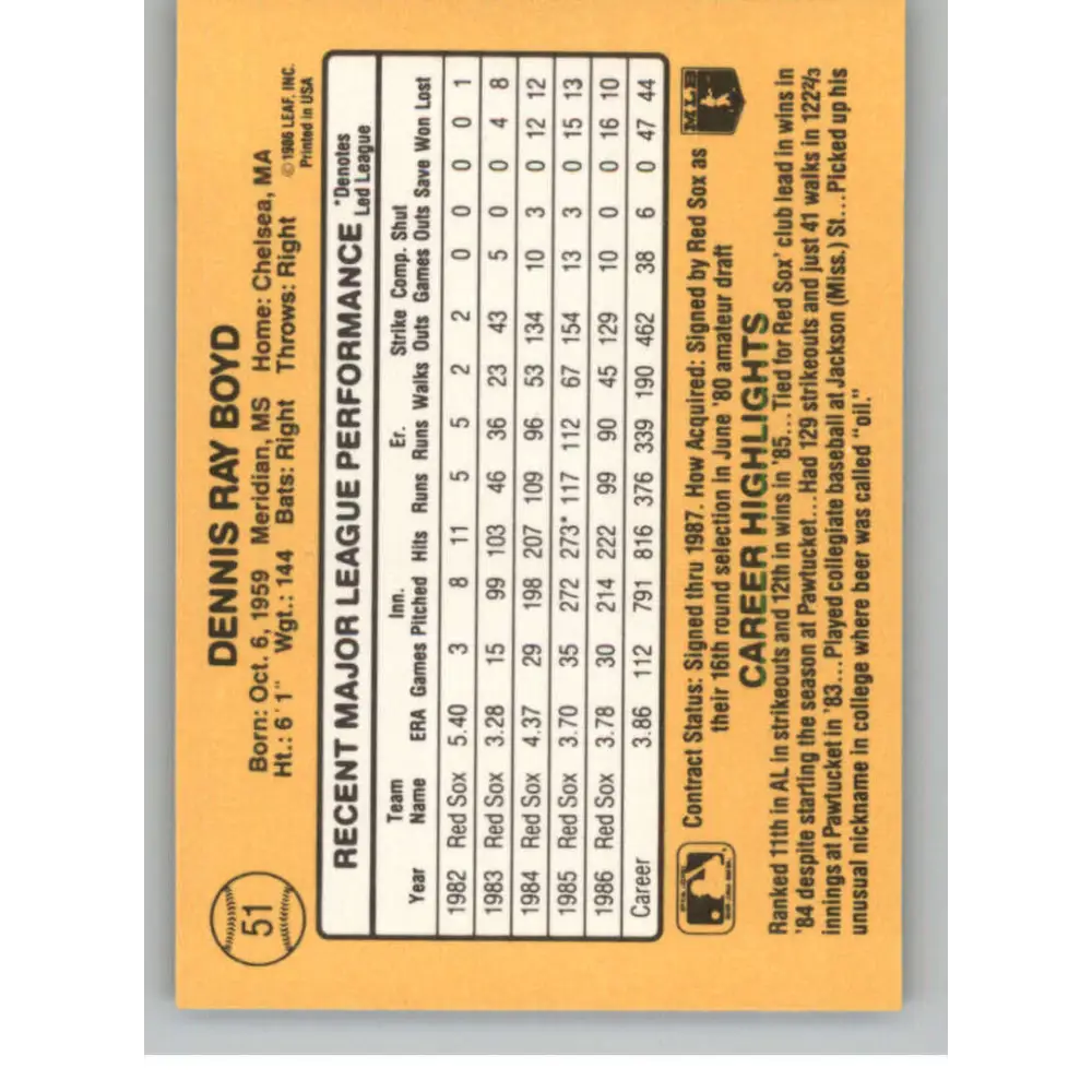 1987 Donruss #51 Oil Can Boyd EX Excellent Boston Red Sox Baseball Card  Image 2