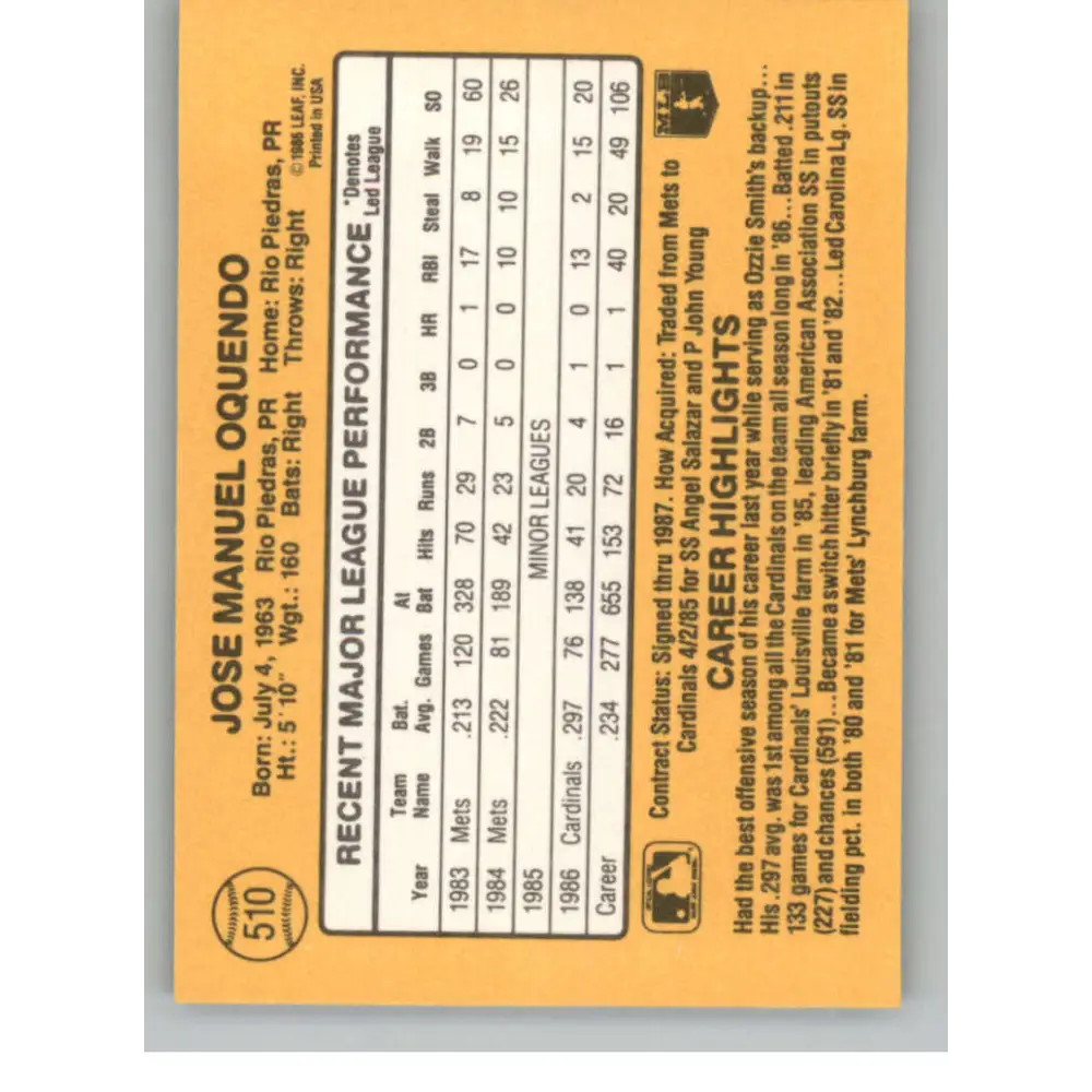 1987 Donruss #510 Jose Oquendo EX Excellent St. Louis Cardinals Baseball Card  Image 2