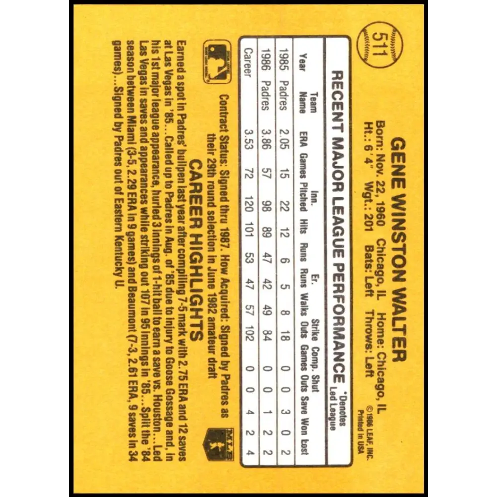 1987 Donruss #511 Gene Walter EX Excellent San Diego Padres Baseball Card  Image 2