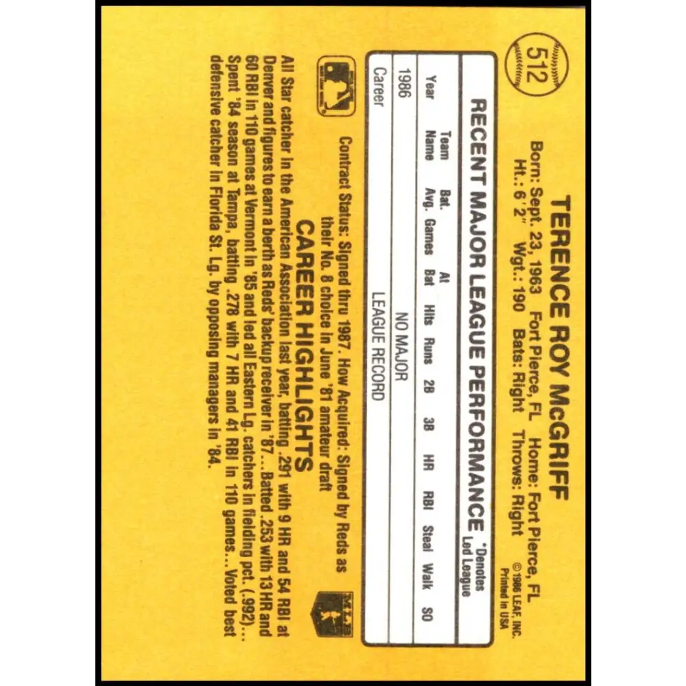 1987 Donruss #512 Terry McGriff EX Excellent RC Rookie Cincinnati Reds Baseball Card  Image 2