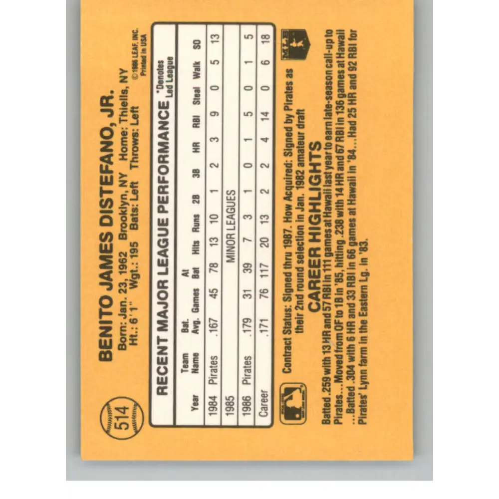 1987 Donruss #514 Benny Distefano EX Excellent Pittsburgh Pirates Baseball Card  Image 2