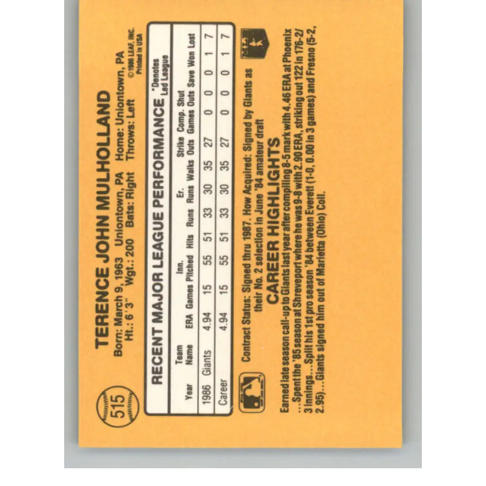 1987 Donruss #515 Terry Mulholland EX Excellent RC Rookie San Francisco Giants Baseball Card  Image 2