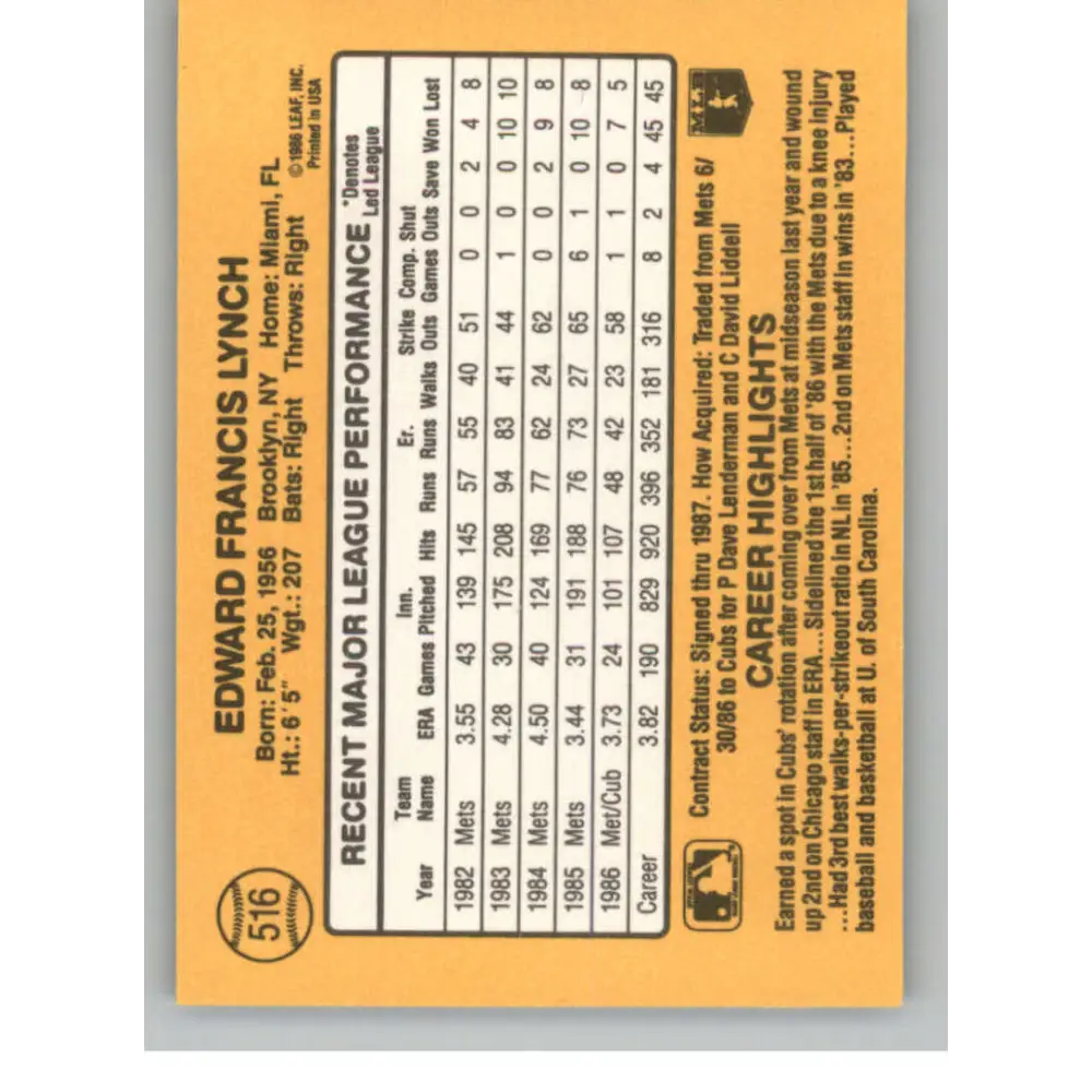 1987 Donruss #516 Ed Lynch EX Excellent Chicago Cubs Baseball Card  Image 2