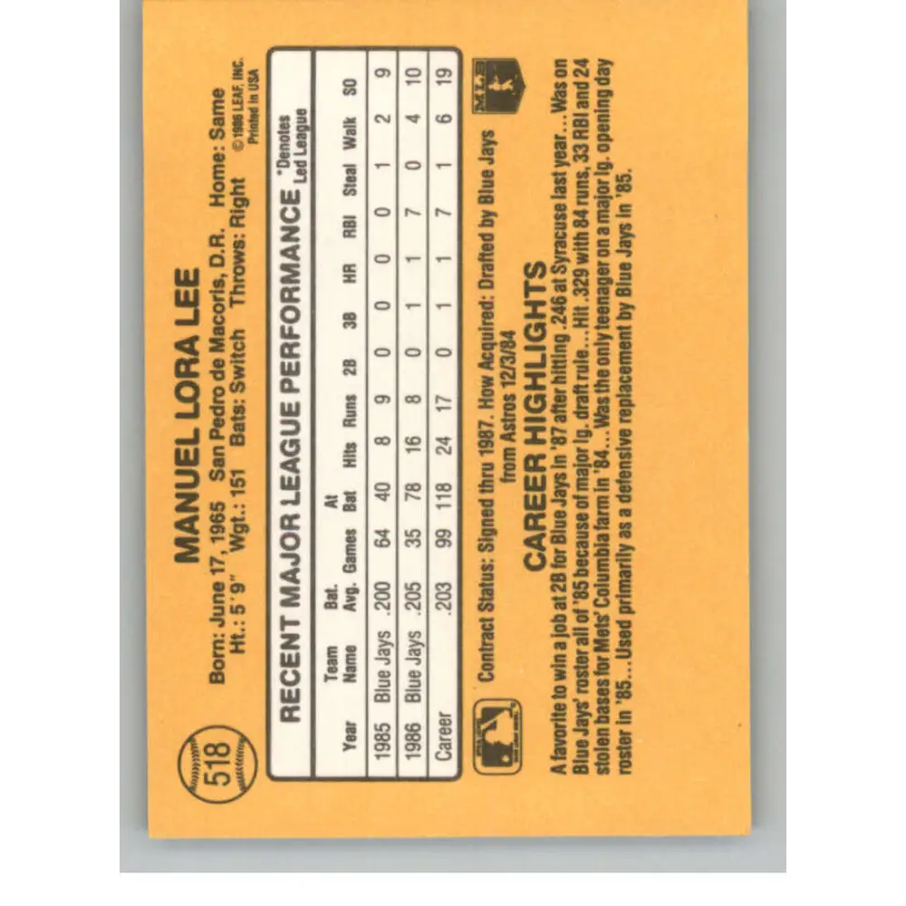 1987 Donruss #518 Manuel Lee EX Excellent Toronto Blue Jays Baseball Card  Image 2