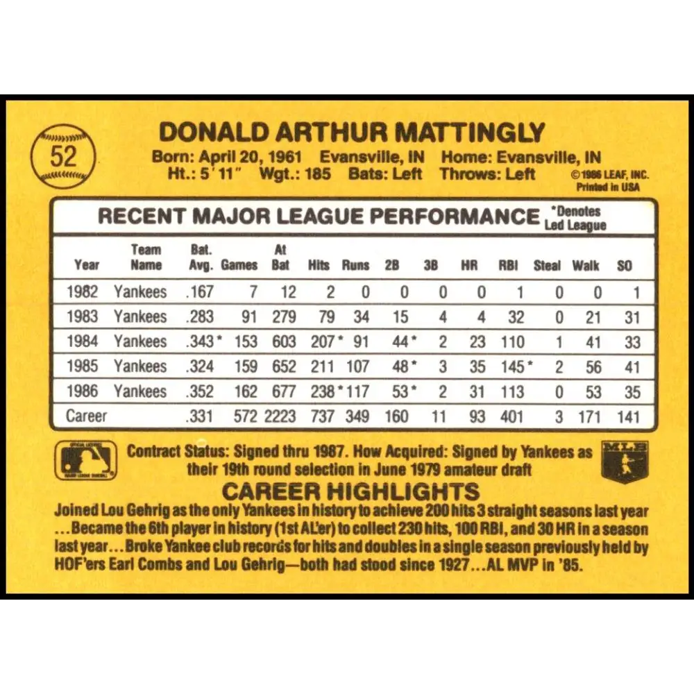 1987 Donruss #52 Don Mattingly EX Excellent New York Yankees Baseball Card  Image 2