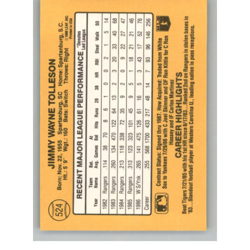 1987 Donruss #524 Wayne Tolleson EX Excellent New York Yankees Baseball Card  Image 2