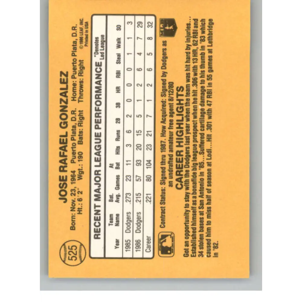 1987 Donruss #525 Jose Gonzalez EX Excellent RC Rookie Los Angeles Dodgers Baseball Card  Image 2