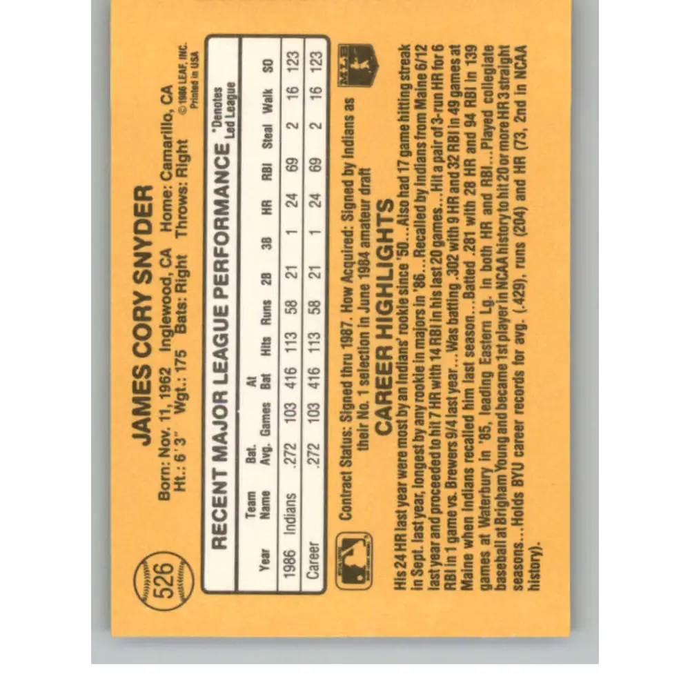 1987 Donruss #526 Cory Snyder EX Excellent Cleveland Indians Baseball Card  Image 2