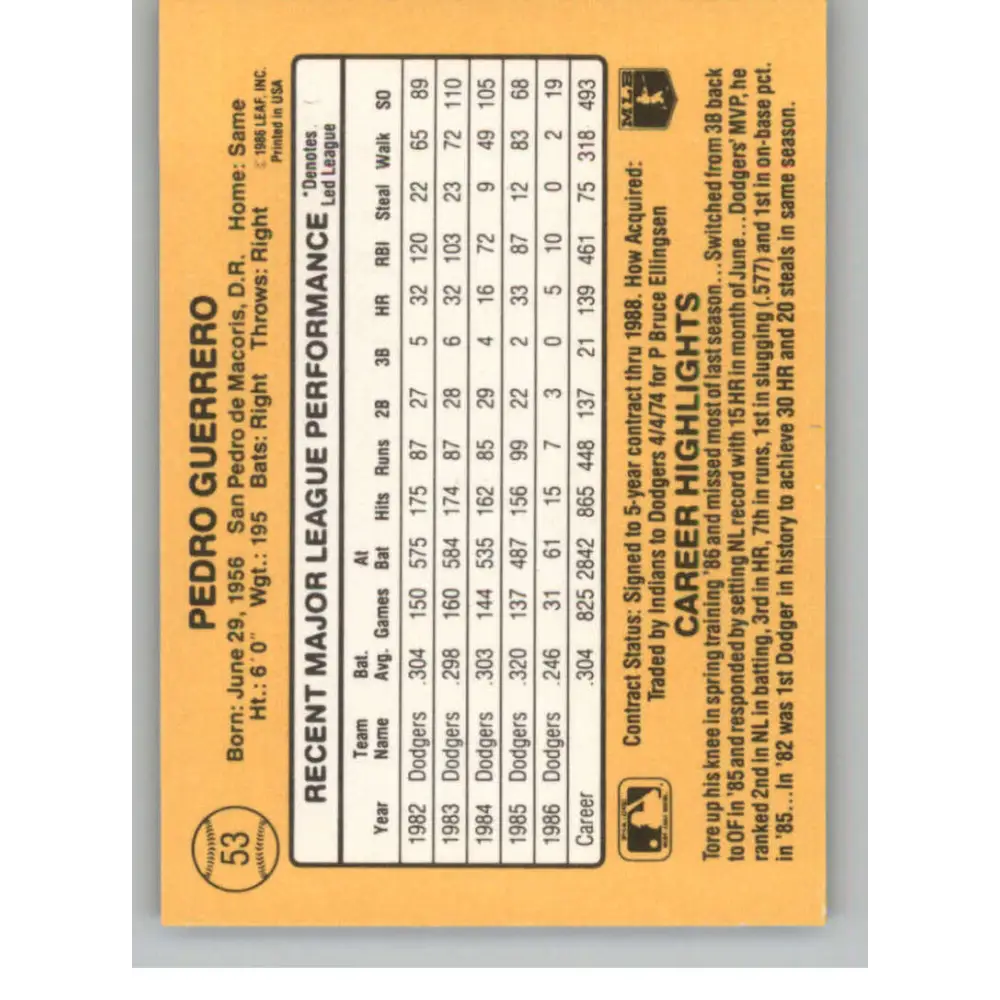 1987 Donruss #53 Pedro Guerrero EX Excellent Los Angeles Dodgers Baseball Card  Image 2