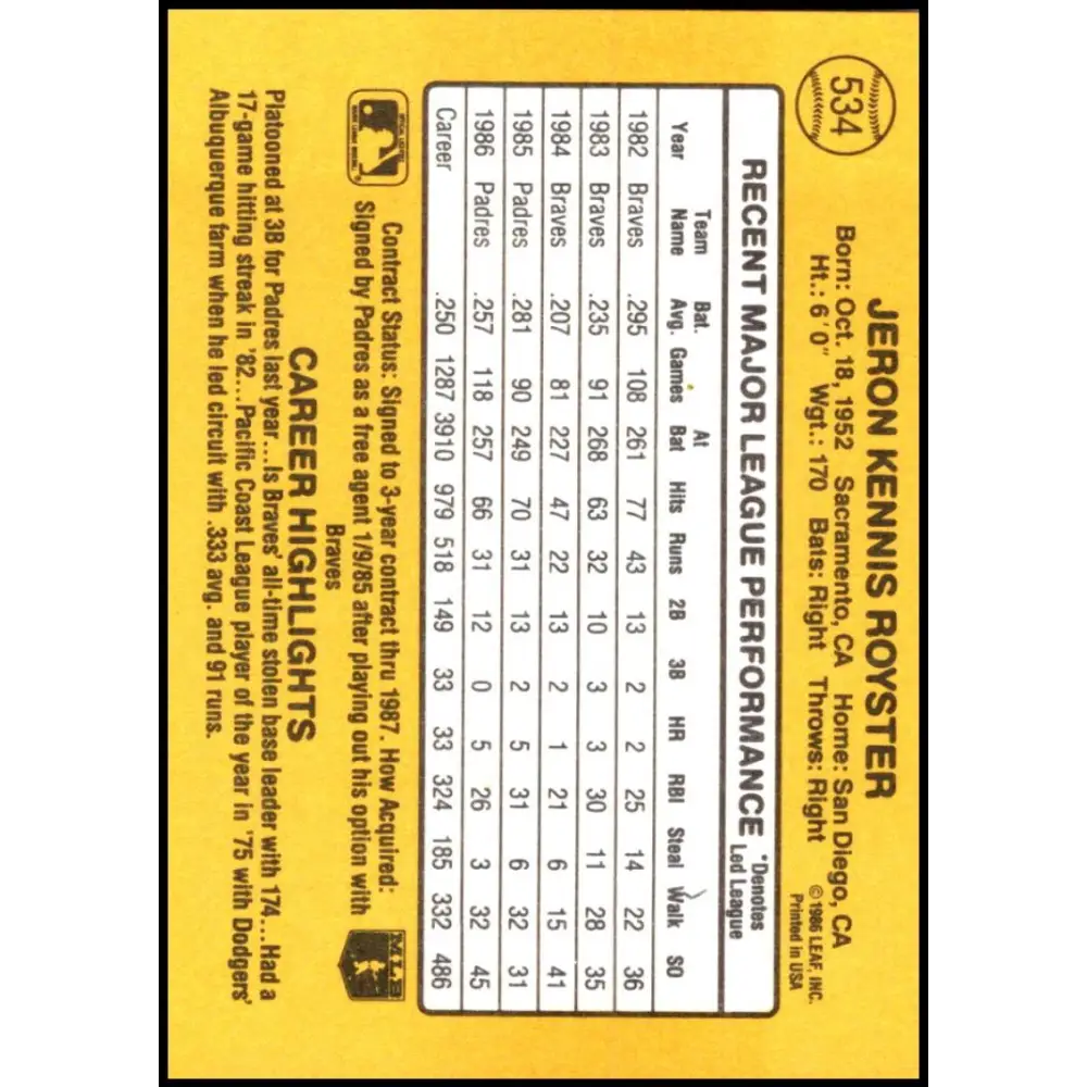 1987 Donruss #534 Jerry Royster EX Excellent San Diego Padres Baseball Card  Image 2