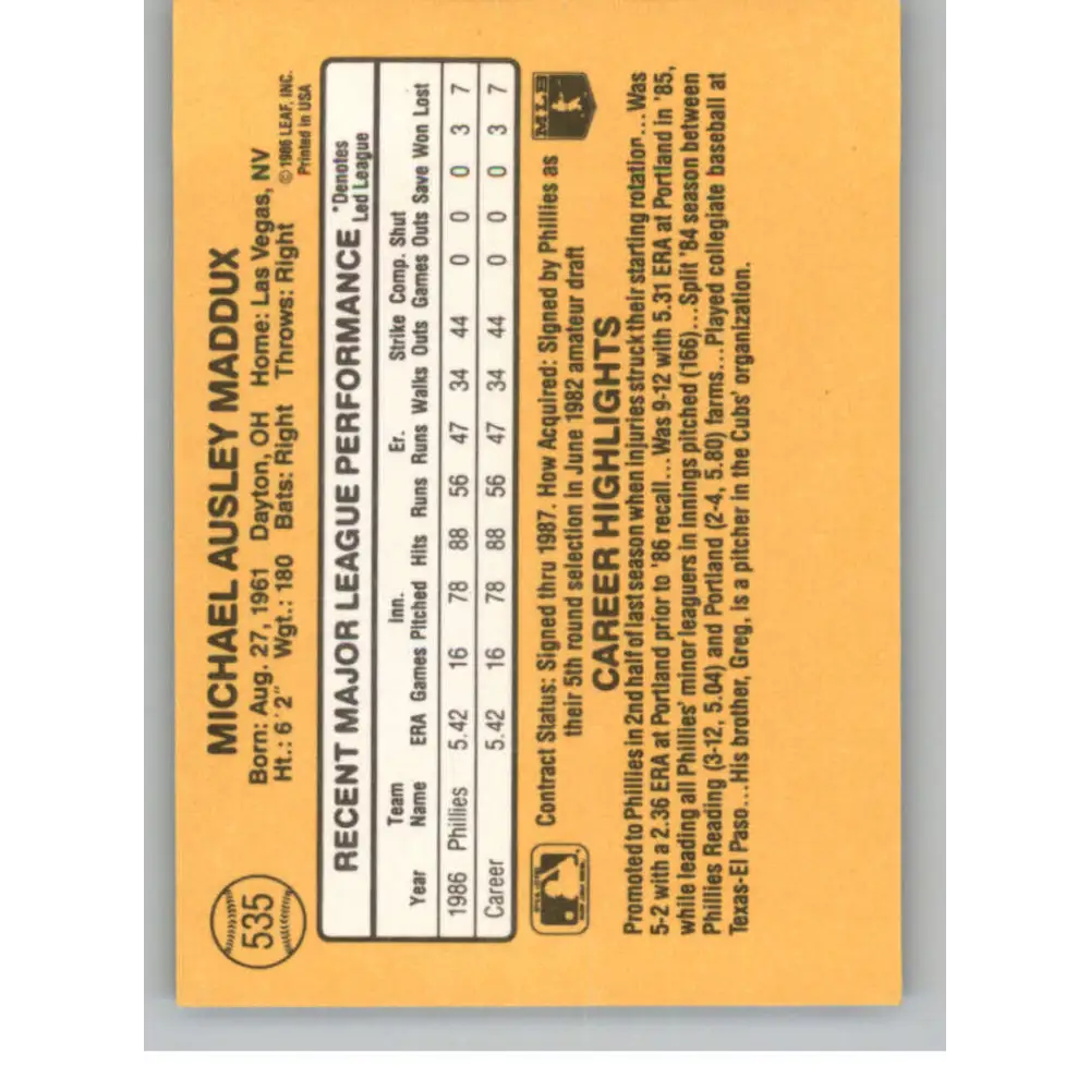 1987 Donruss #535 Mike Maddux EX Excellent RC Rookie Philadelphia Phillies Baseball Card  Image 2