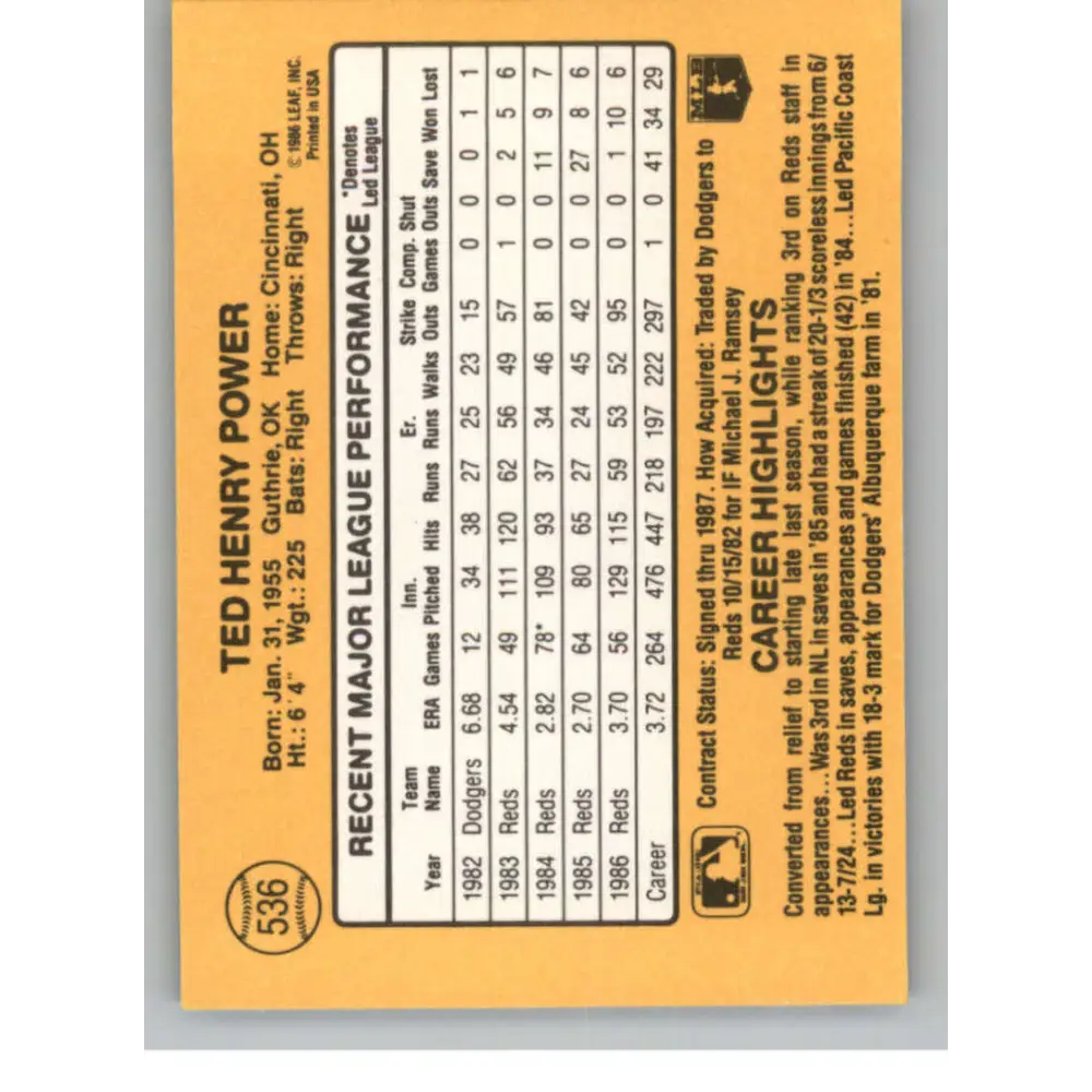 1987 Donruss #536 Ted Power EX Excellent Cincinnati Reds Baseball Card  Image 2