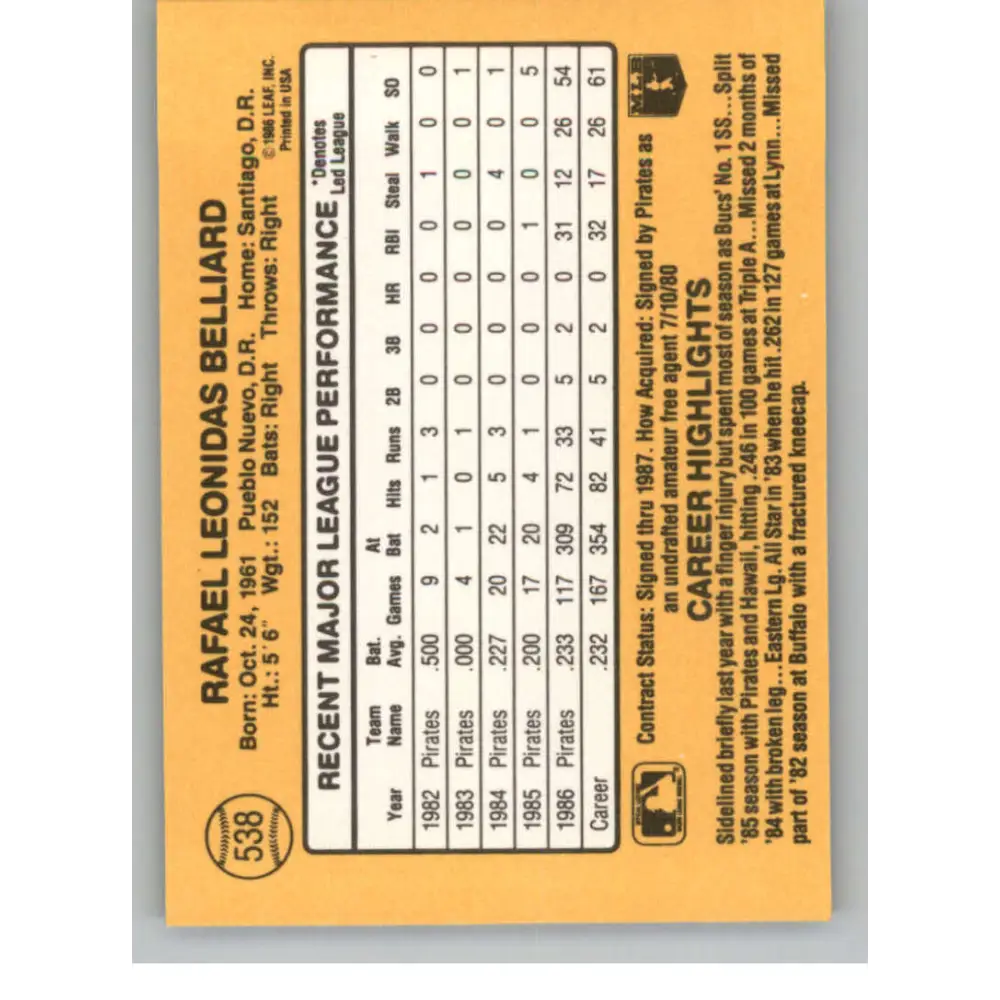 1987 Donruss #538 Rafael Belliard EX Excellent RC Rookie Pittsburgh Pirates Baseball Card  Image 2