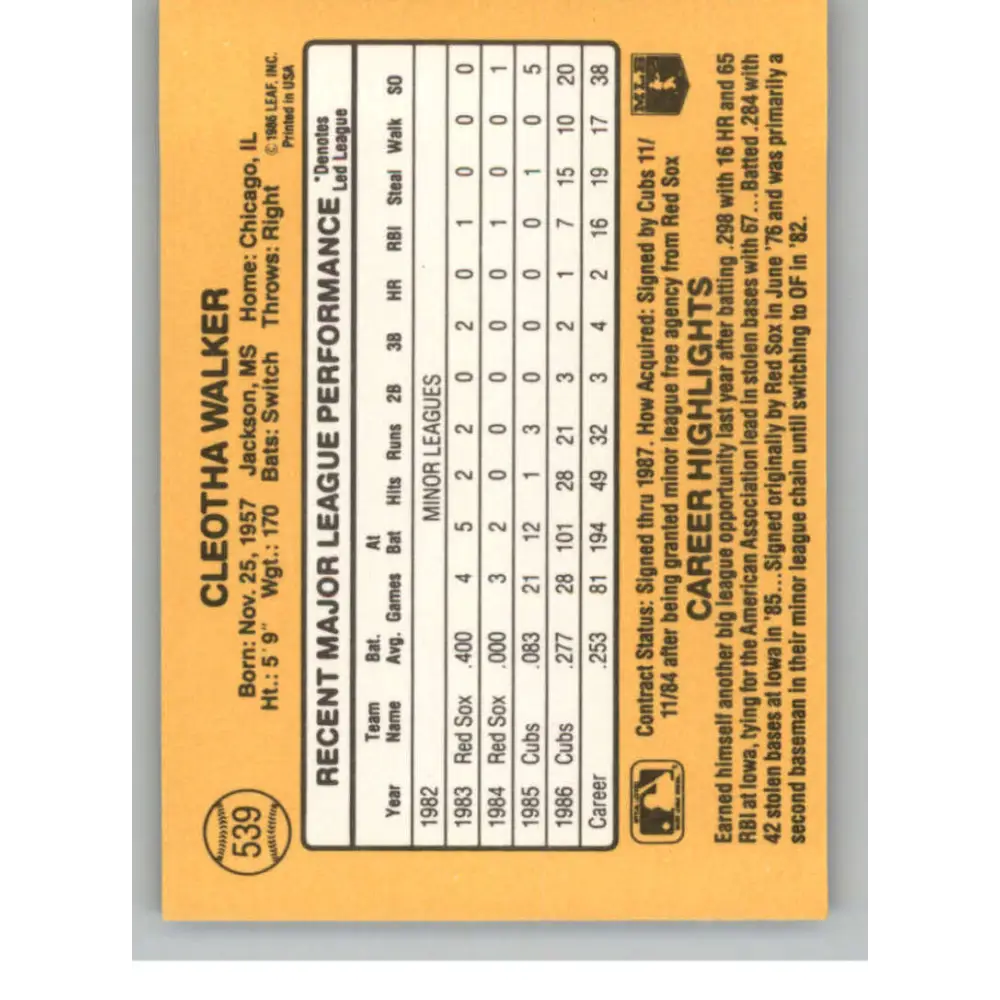 1987 Donruss #539 Chico Walker EX Excellent Chicago Cubs Baseball Card  Image 2