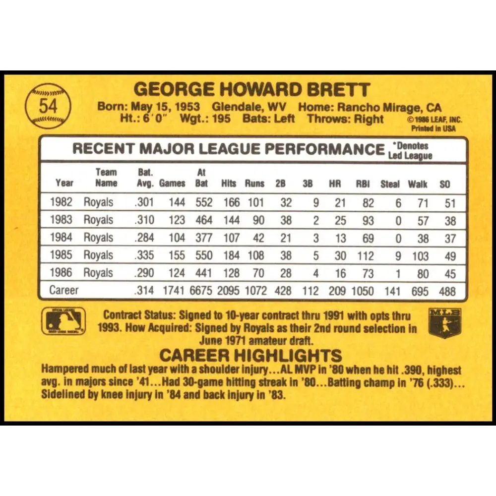 1987 Donruss #54 George Brett EX Excellent Kansas City Royals Baseball Card  Image 2