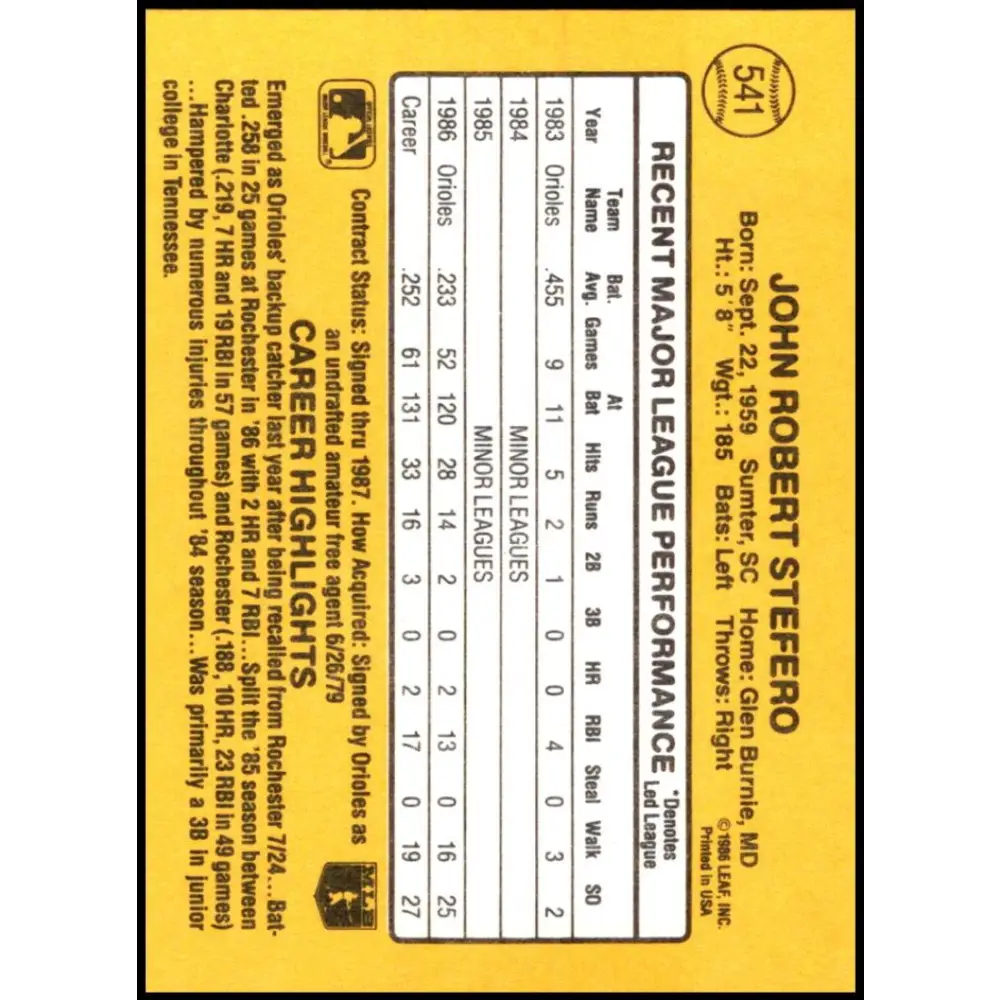 1987 Donruss #541 John Stefero EX Excellent Baltimore Orioles Baseball Card  Image 2