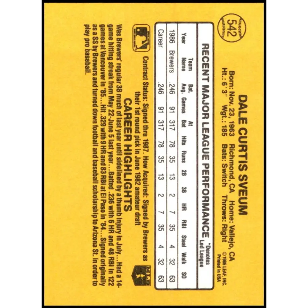 1987 Donruss #542 Dale Sveum EX Excellent Milwaukee Brewers Baseball Card  Image 2