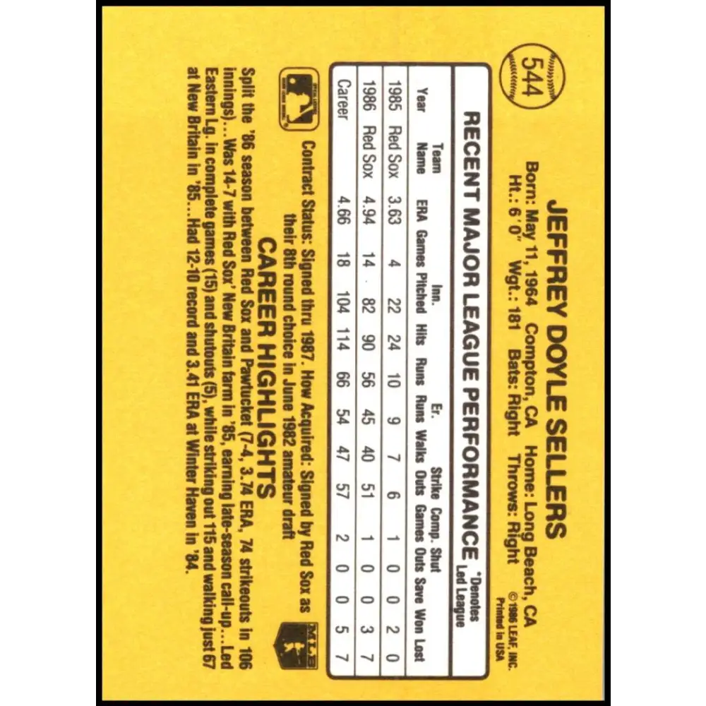 1987 Donruss #544 Jeff Sellers EX Excellent Boston Red Sox Baseball Card  Image 2