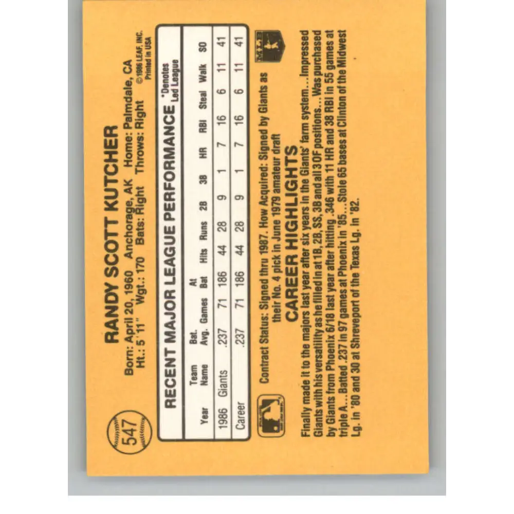 1987 Donruss #547 Randy Kutcher EX Excellent RC Rookie San Francisco Giants Baseball Card  Image 2