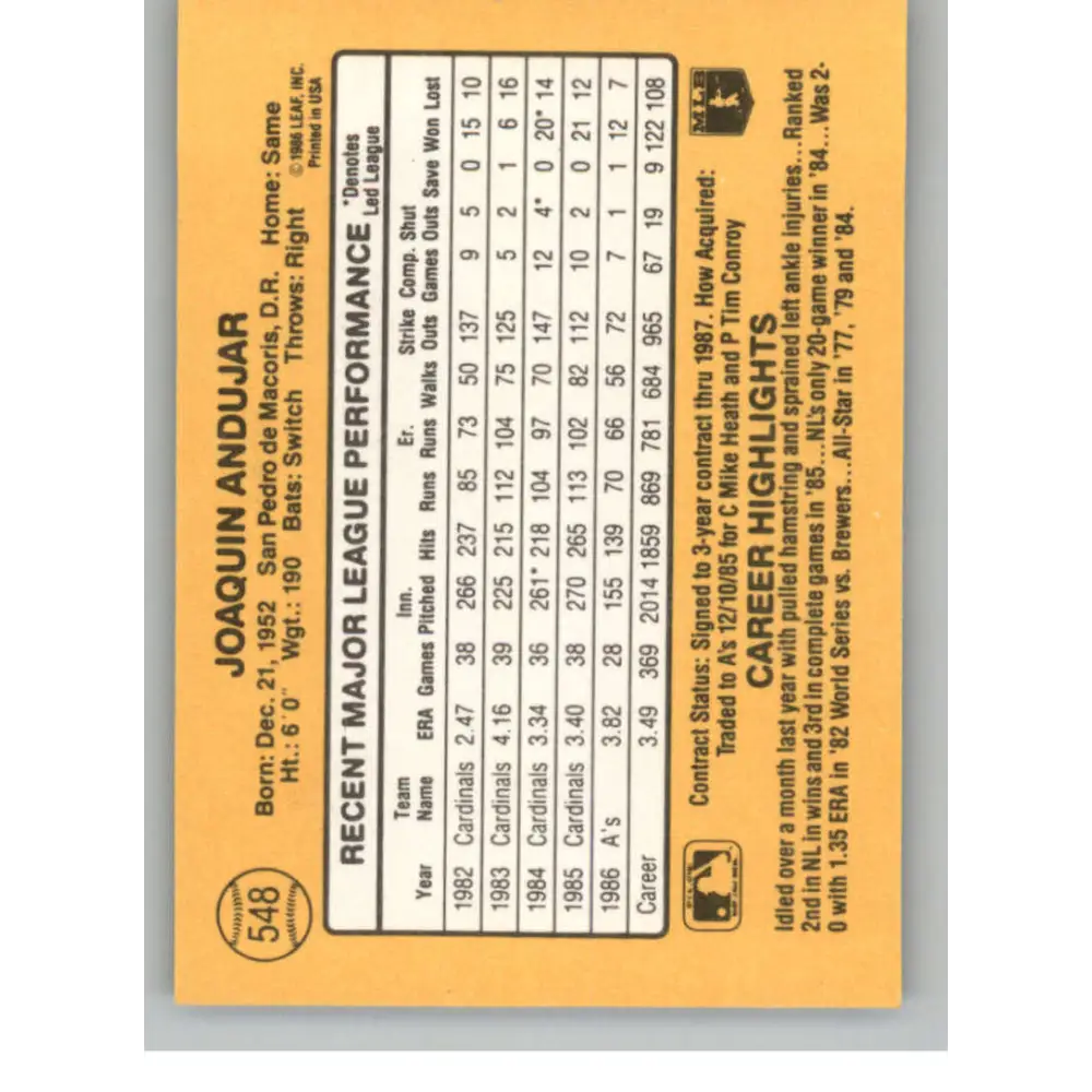 1987 Donruss #548 Joaquin Andujar EX Excellent Oakland Athletics Baseball Card  Image 2