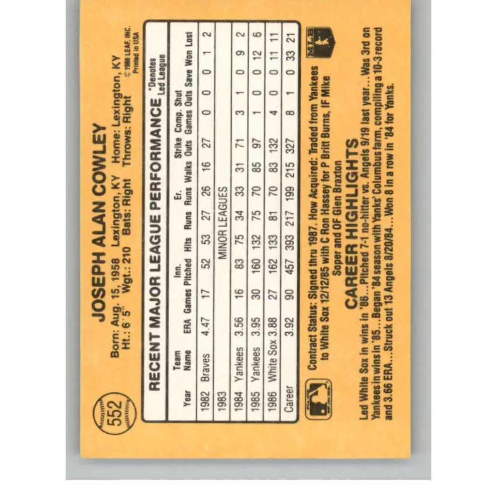 1987 Donruss #552 Joe Cowley EX Excellent Chicago White Sox Baseball Card  Image 2
