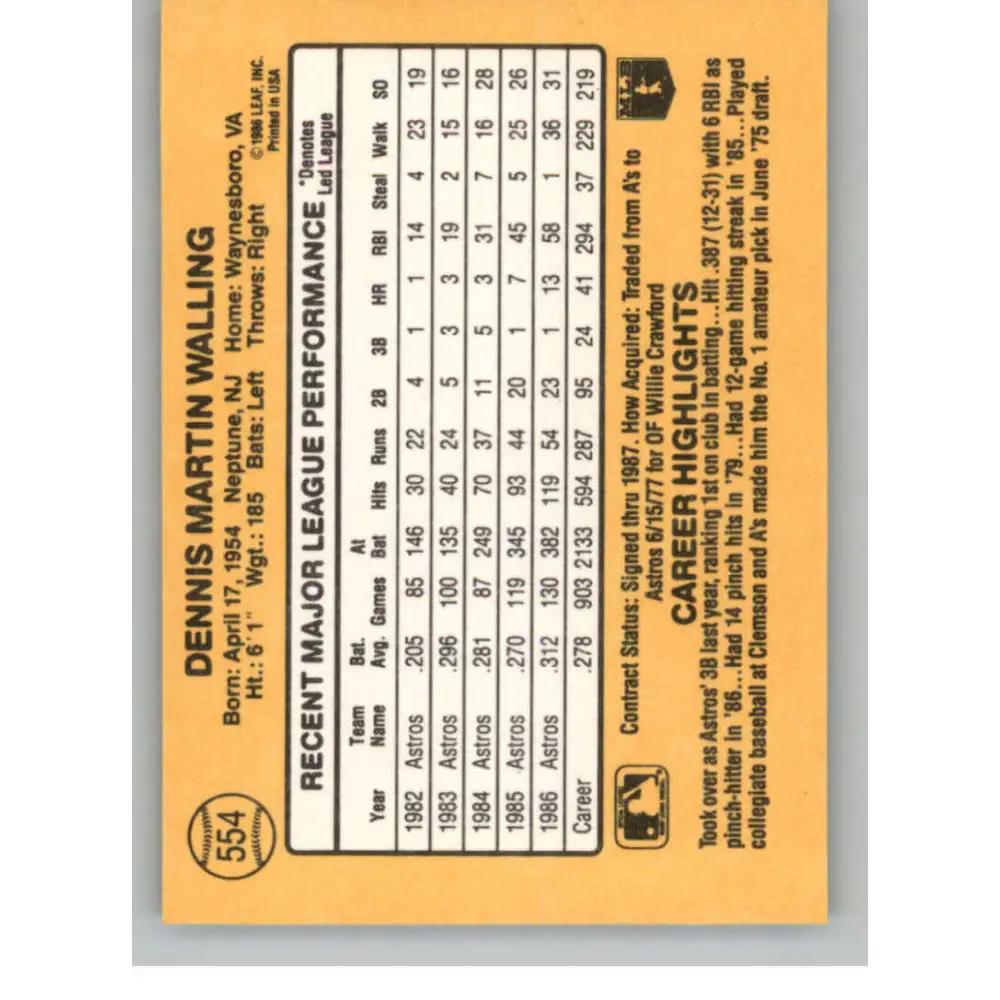 1987 Donruss #554 Denny Walling EX Excellent Houston Astros Baseball Card  Image 2