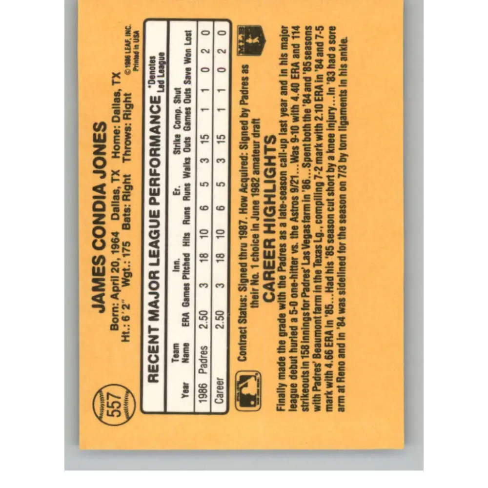 1987 Donruss #557 Jimmy Jones EX Excellent RC Rookie San Diego Padres Baseball Card  Image 2