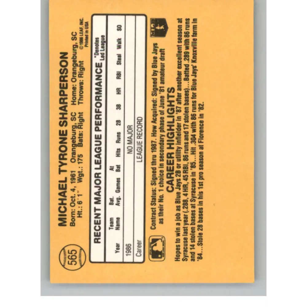 1987 Donruss #565 Mike Sharperson EX Excellent RC Rookie Toronto Blue Jays Baseball Card  Image 2