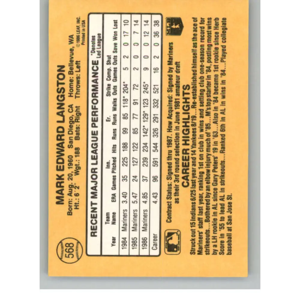 1987 Donruss #568 Mark Langston EX Excellent Seattle Mariners Baseball Card  Image 2