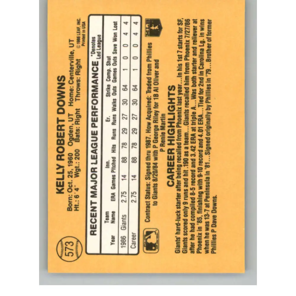 1987 Donruss #573 Kelly Downs EX Excellent RC Rookie San Francisco Giants Baseball Card  Image 2