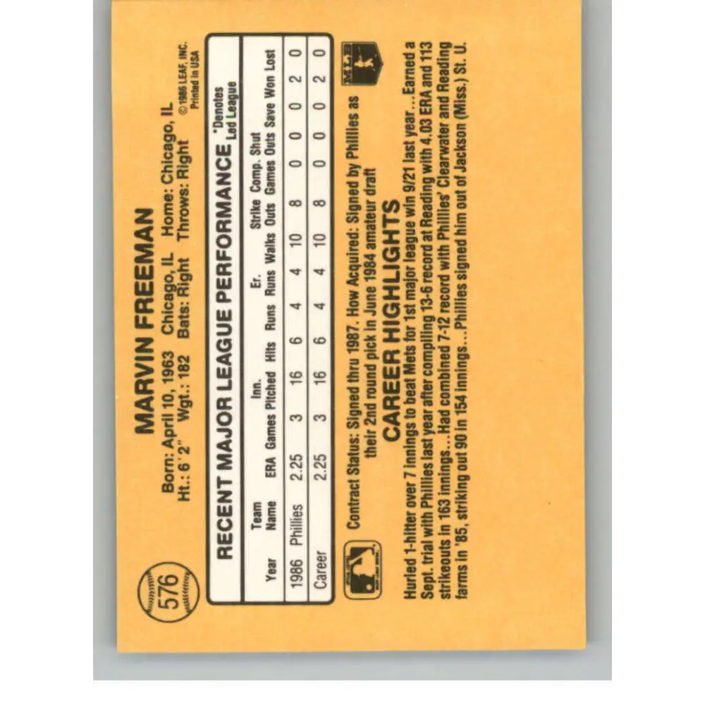 1987 Donruss #576 Marvin Freeman EX Excellent RC Rookie Philadelphia Phillies Baseball Card  Image 2