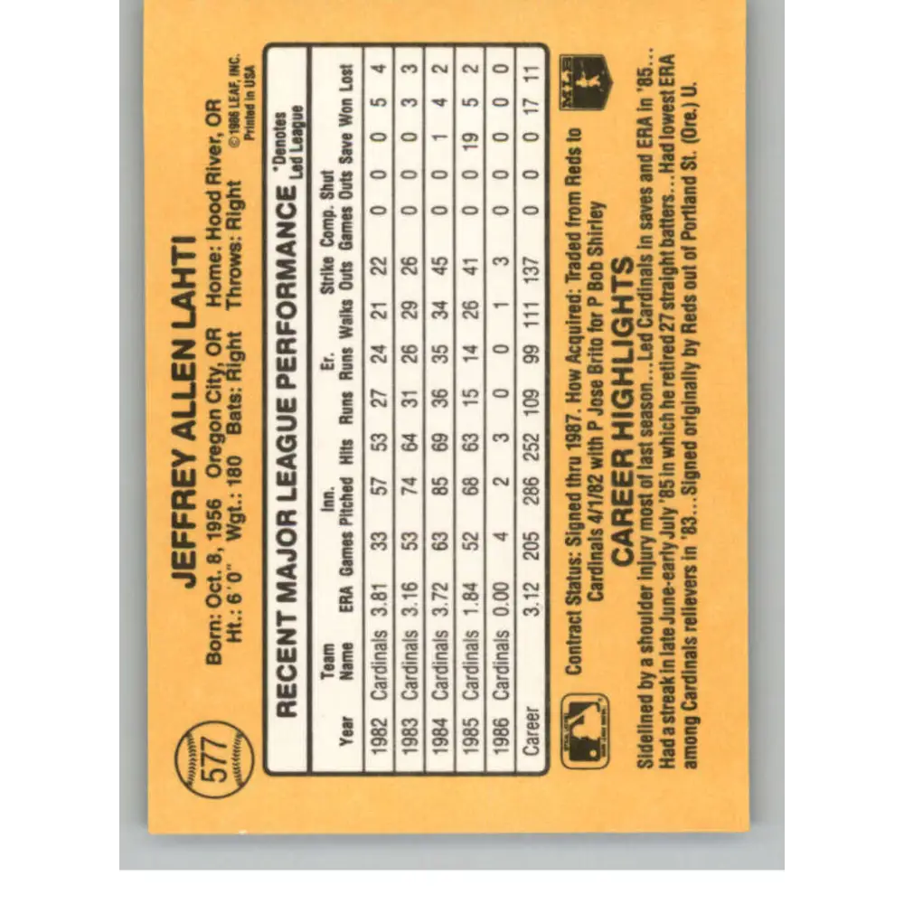 1987 Donruss #577 Jeff Lahti EX Excellent St. Louis Cardinals Baseball Card  Image 2