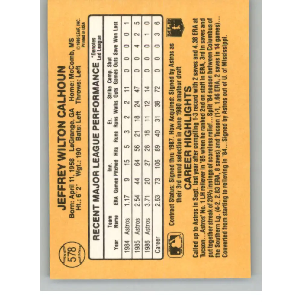 1987 Donruss #578 Jeff Calhoun EX Excellent Houston Astros Baseball Card  Image 2