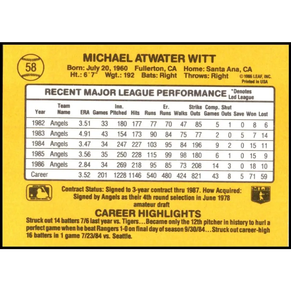 1987 Donruss #58 Mike Witt EX Excellent California Angels Baseball Card  Image 2
