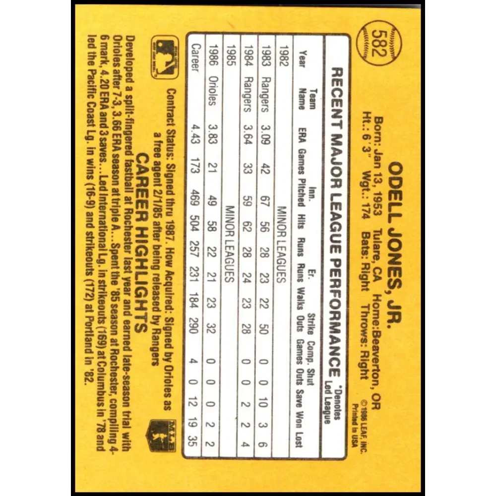 1987 Donruss #582 Odell Jones EX Excellent Baltimore Orioles Baseball Card  Image 2