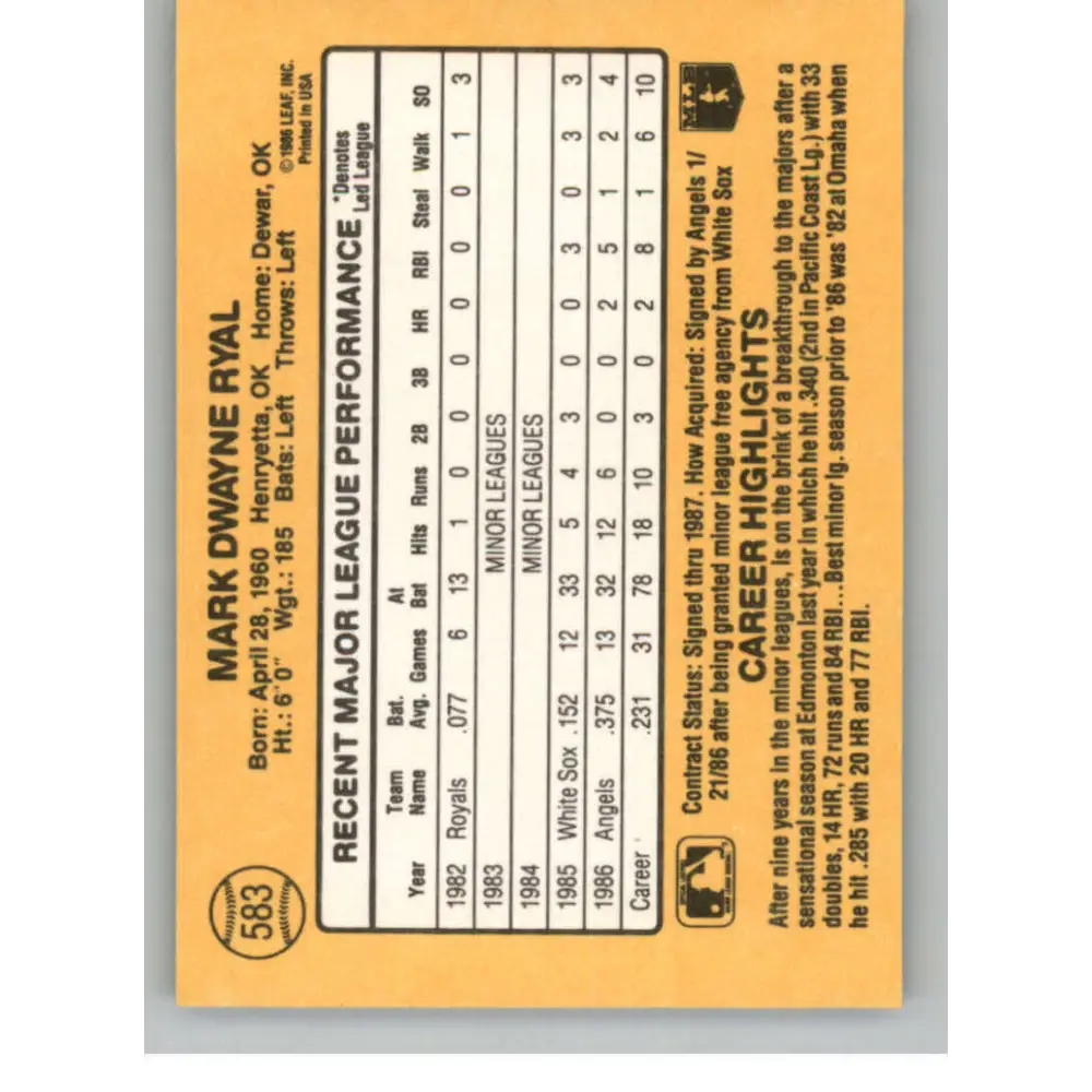 1987 Donruss #583 Mark Ryal EX Excellent California Angels Baseball Card  Image 2