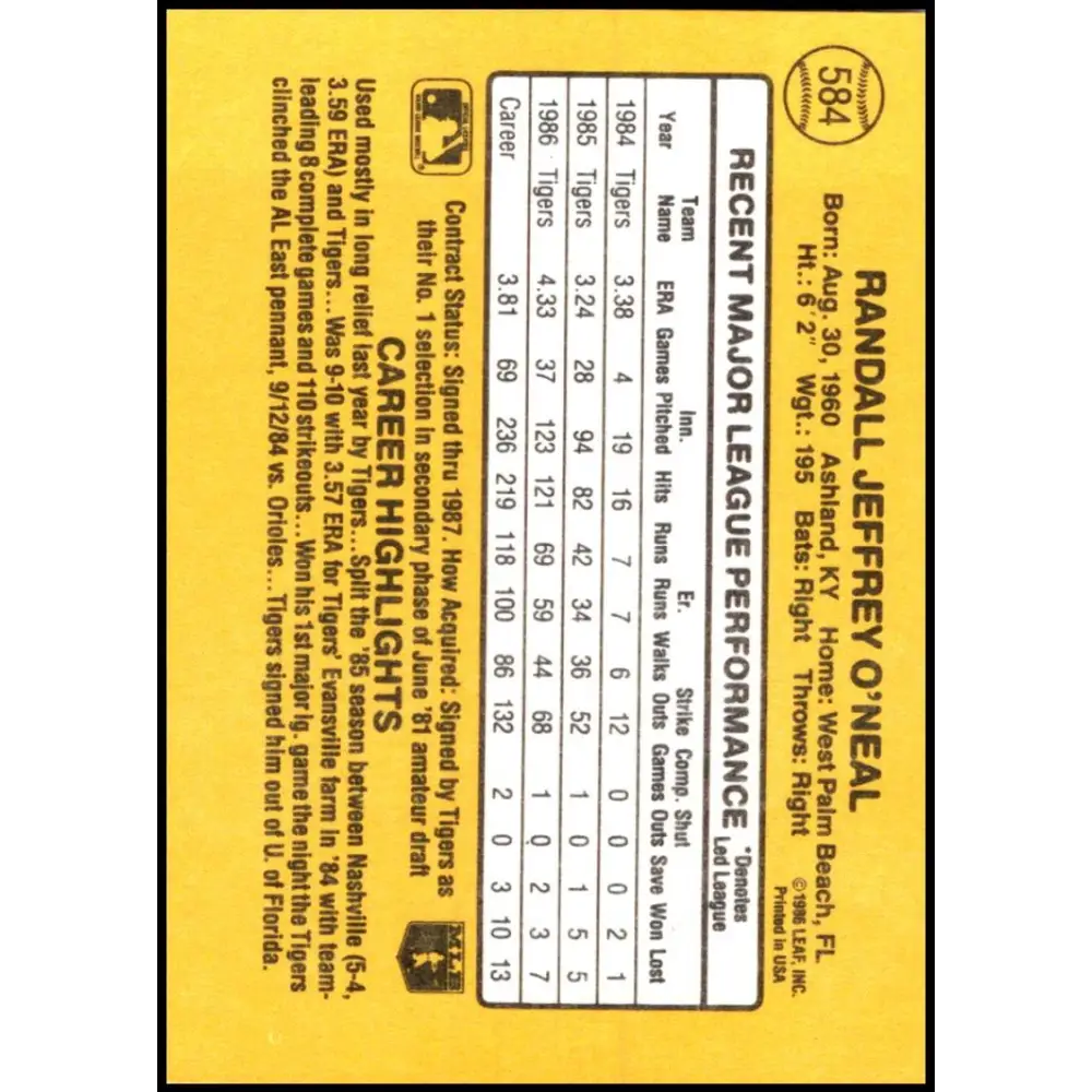 1987 Donruss #584 Randy O'Neal EX Excellent Detroit Tigers Baseball Card  Image 2